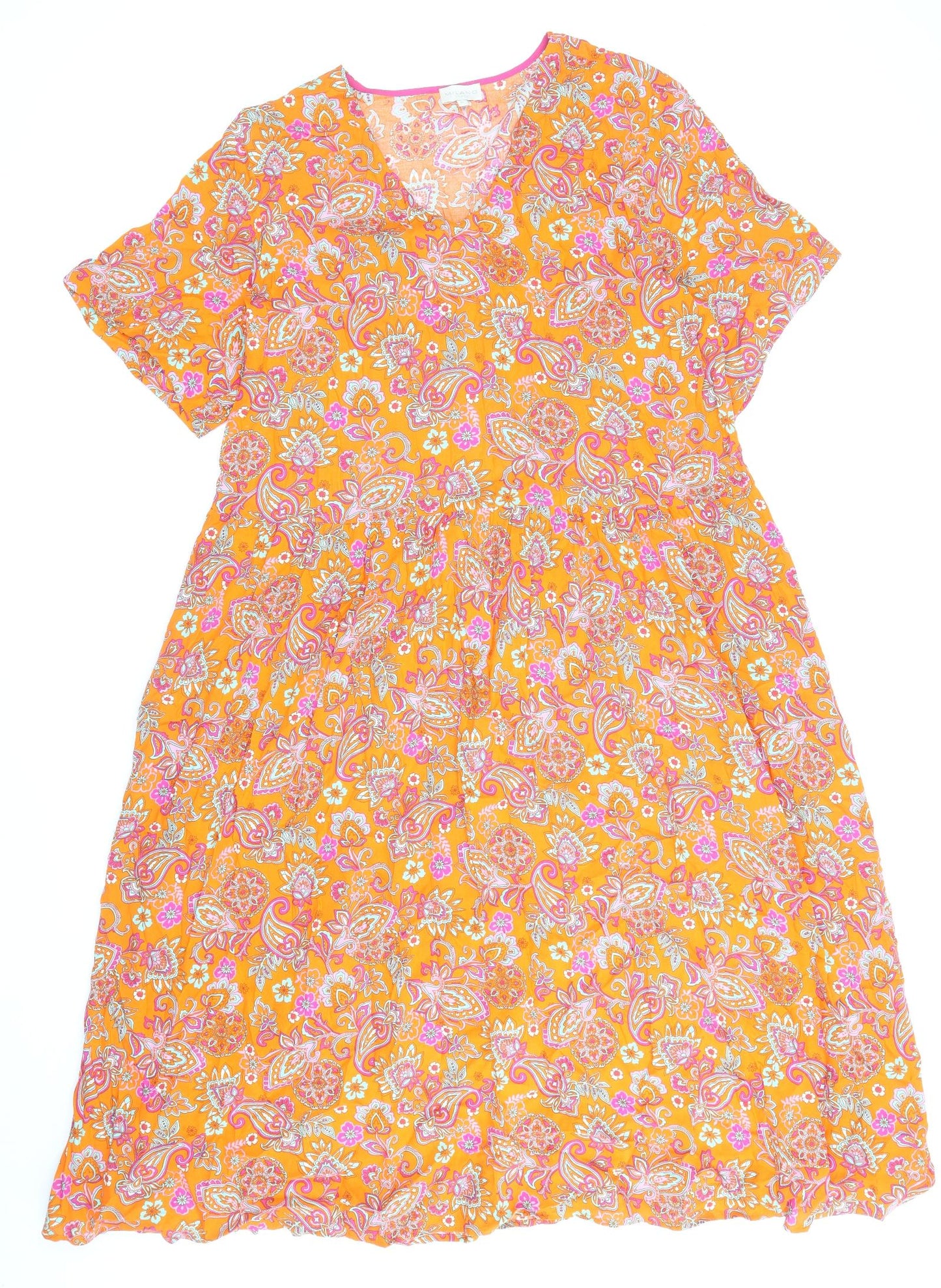 Milano Womens Orange Paisley Viscose A-Line Size 12 V-Neck Pullover