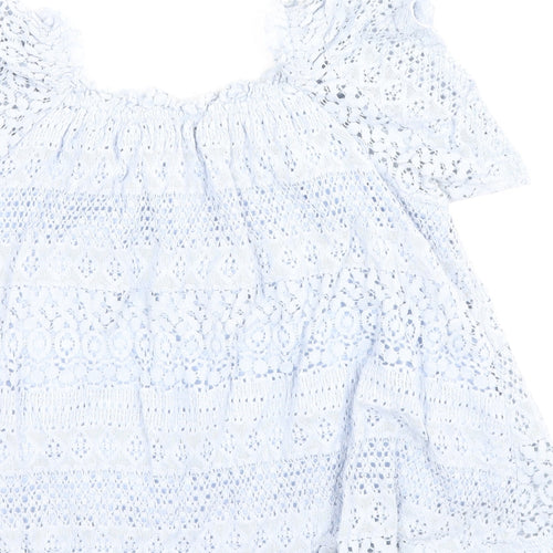 Topshop Womens Blue Cotton Cropped T-Shirt Size 10 Off the Shoulder - Lace detail