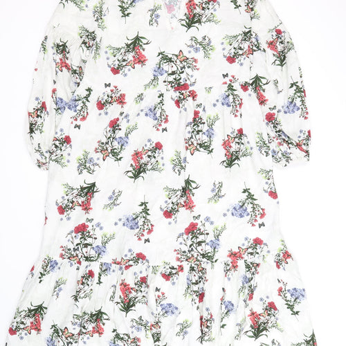 River Island Womens White Floral Cotton A-Line Size 8 Square Neck Tie