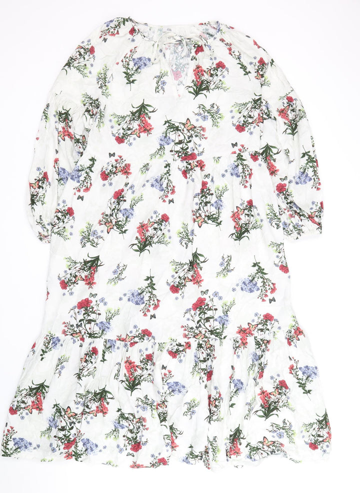 River Island Womens White Floral Cotton A-Line Size 8 Square Neck Tie