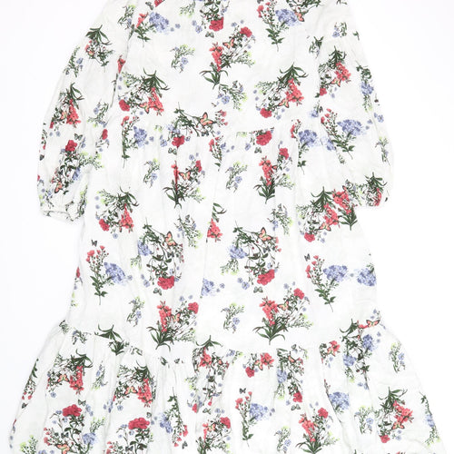 River Island Womens White Floral Cotton A-Line Size 8 Square Neck Tie