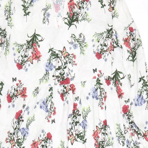 River Island Womens White Floral Cotton A-Line Size 8 Square Neck Tie