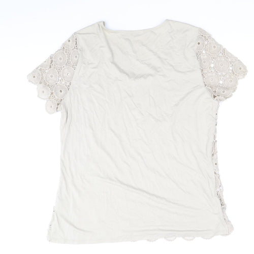 Planet Womens Beige Cotton Basic T-Shirt Size M Round Neck - Lace Detail