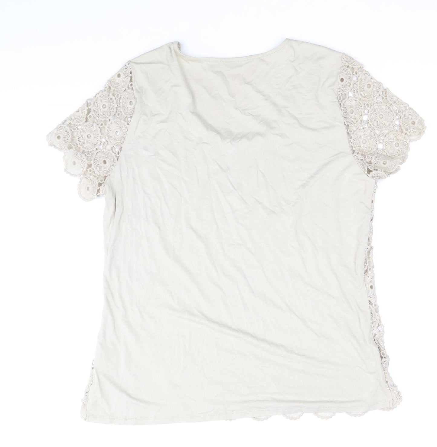 Planet Womens Beige Cotton Basic T-Shirt Size M Round Neck - Lace Detail