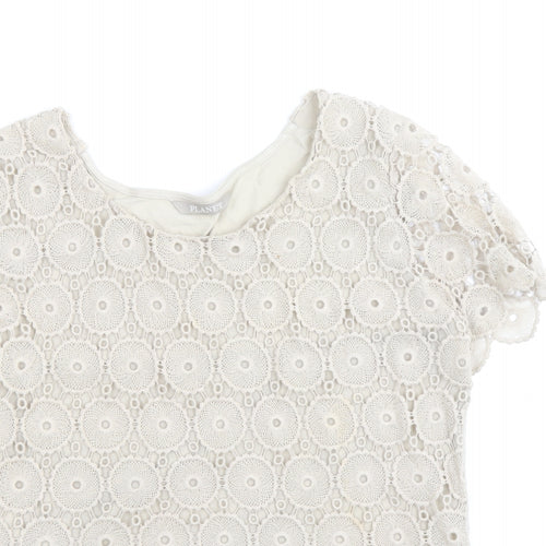 Planet Womens Beige Cotton Basic T-Shirt Size M Round Neck - Lace Detail