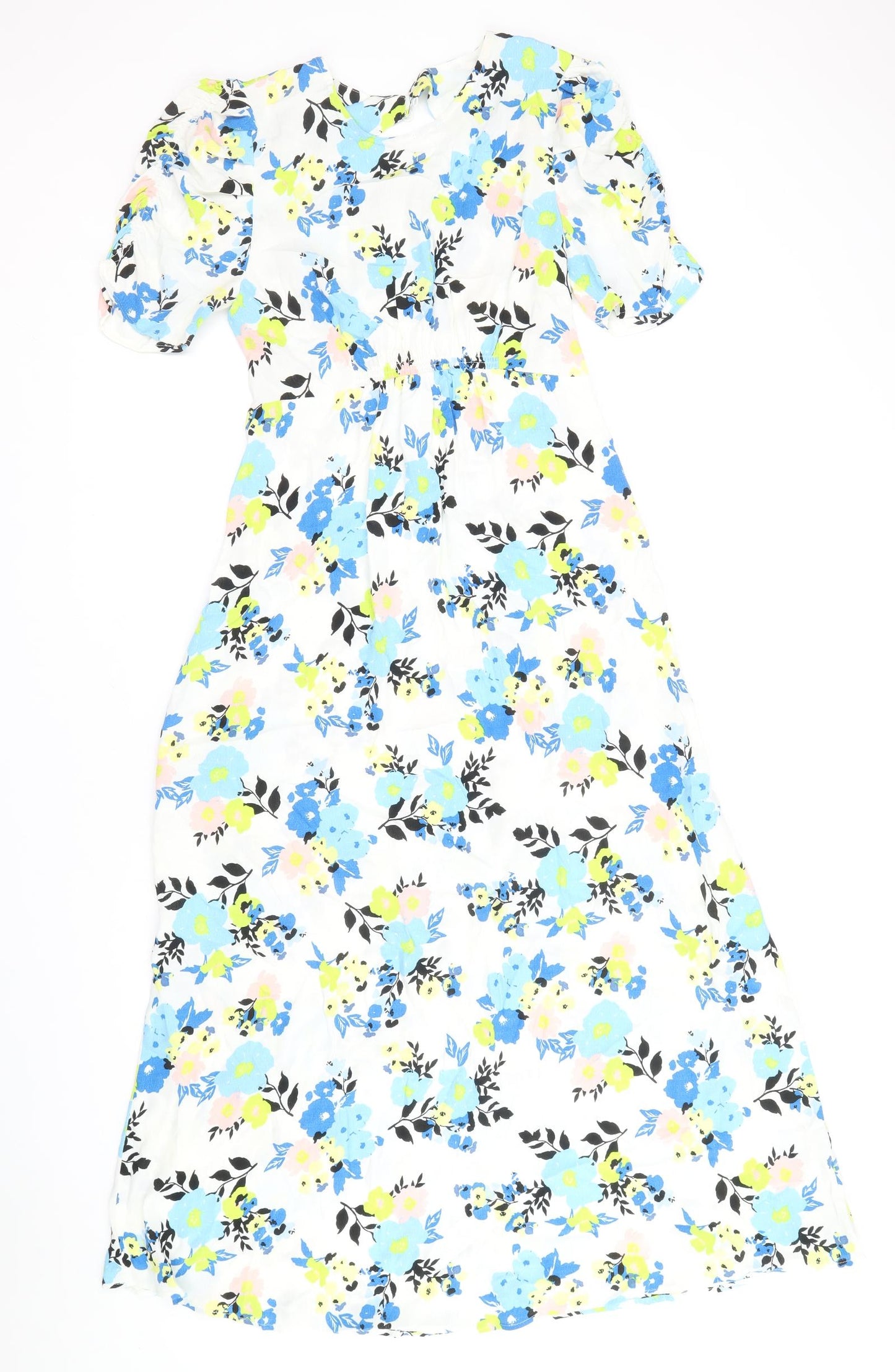 Marks and Spencer Womens White Floral Viscose A-Line Size 8 Round Neck Zip