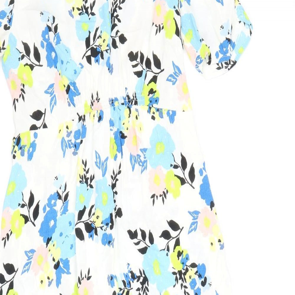 Marks and Spencer Womens White Floral Viscose A-Line Size 8 Round Neck Zip
