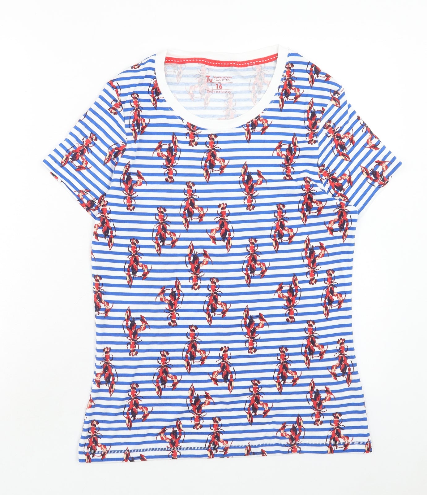 TU Womens Multicoloured Striped Cotton Basic T-Shirt Size 16 Round Neck - Lobster