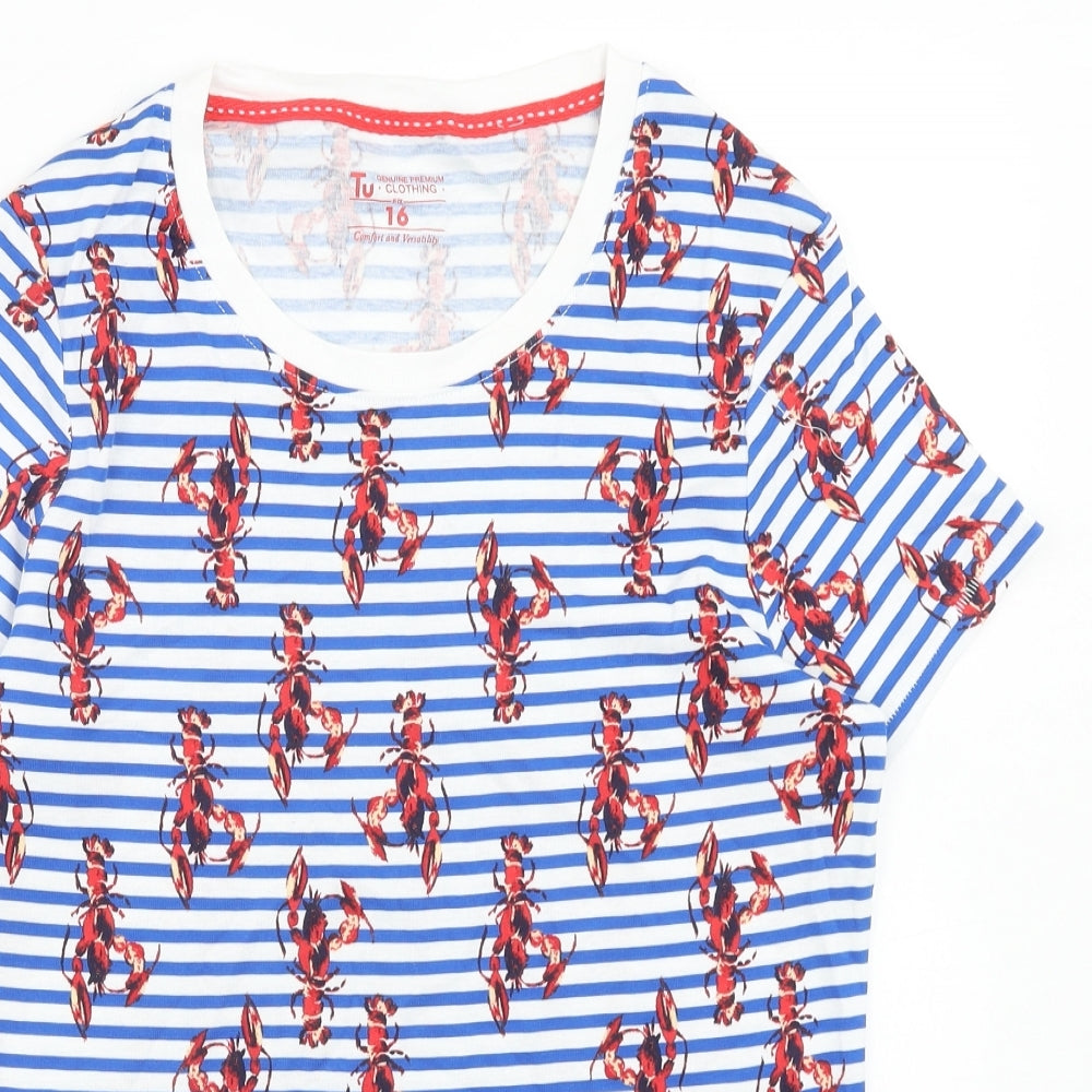 TU Womens Multicoloured Striped Cotton Basic T-Shirt Size 16 Round Neck - Lobster