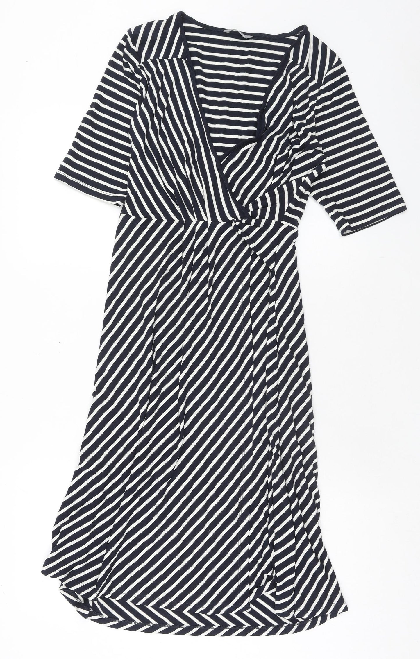 Marks and Spencer Womens Blue Striped Viscose A-Line Size 14 V-Neck Pullover