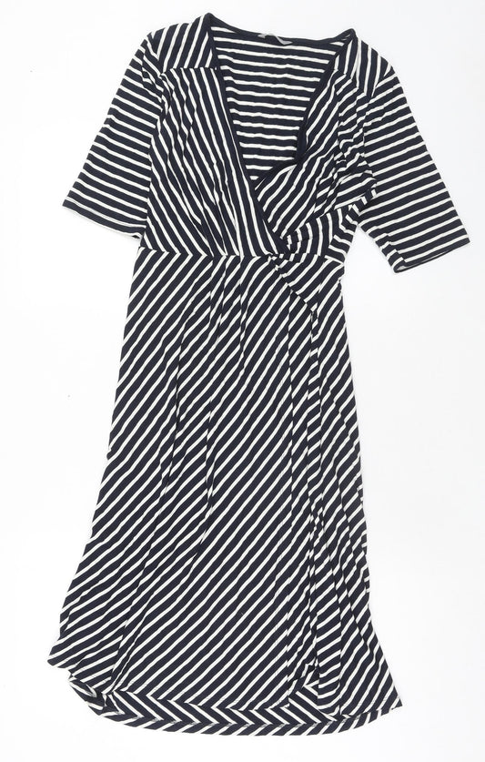 Marks and Spencer Womens Blue Striped Viscose A-Line Size 14 V-Neck Pullover