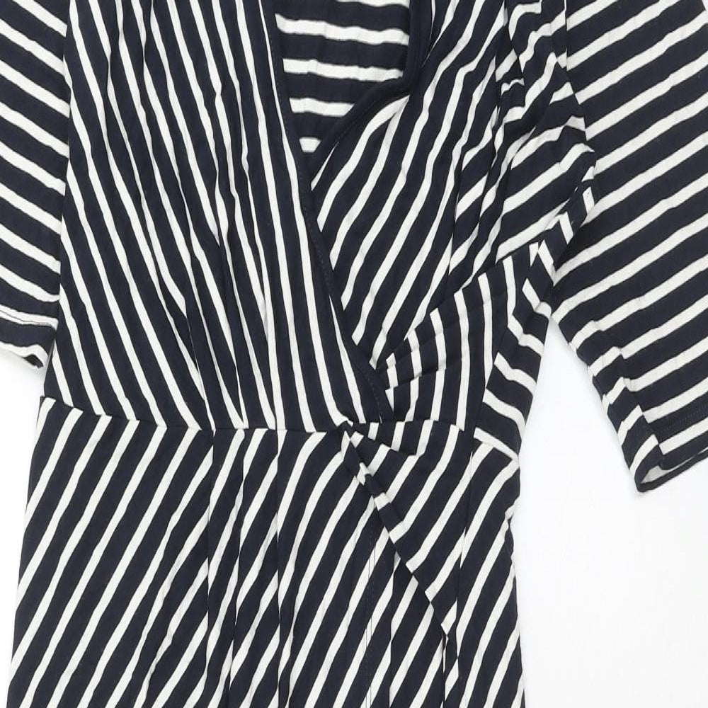 Marks and Spencer Womens Blue Striped Viscose A-Line Size 14 V-Neck Pullover