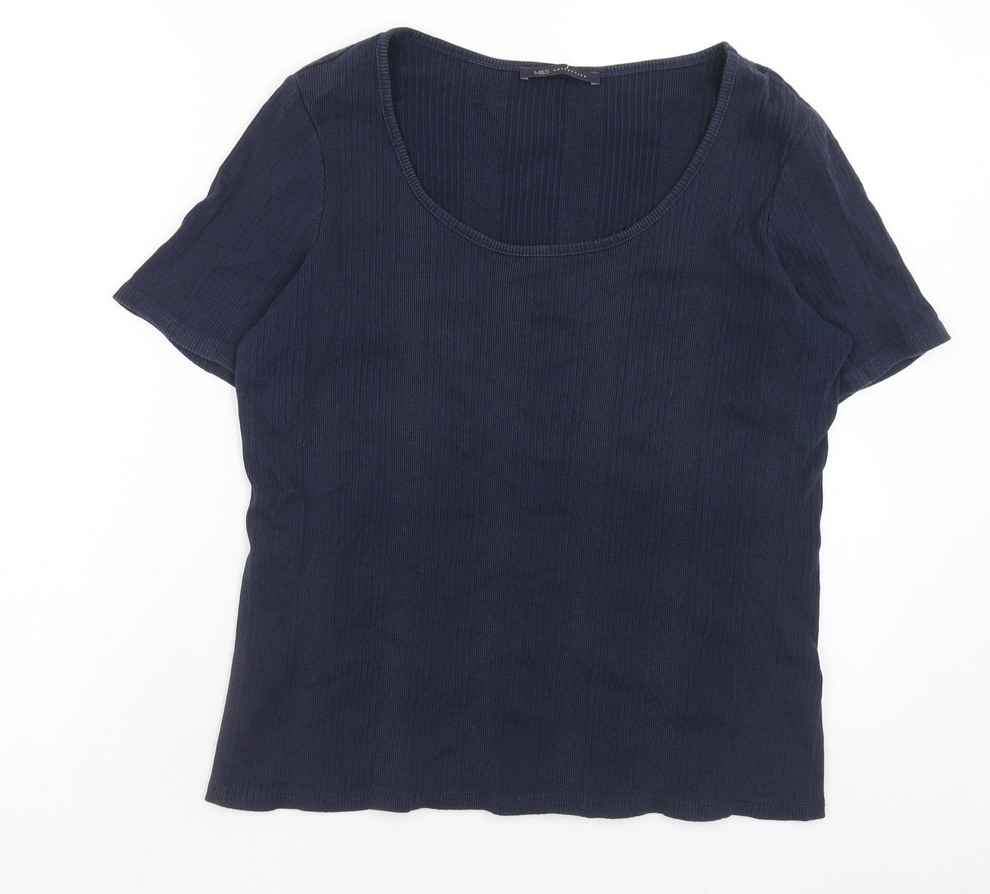 Marks and Spencer Womens Blue Cotton Basic T-Shirt Size 16 Scoop Neck - Ribbed