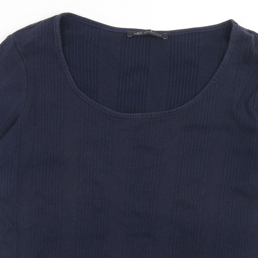 Marks and Spencer Womens Blue Cotton Basic T-Shirt Size 16 Scoop Neck - Ribbed