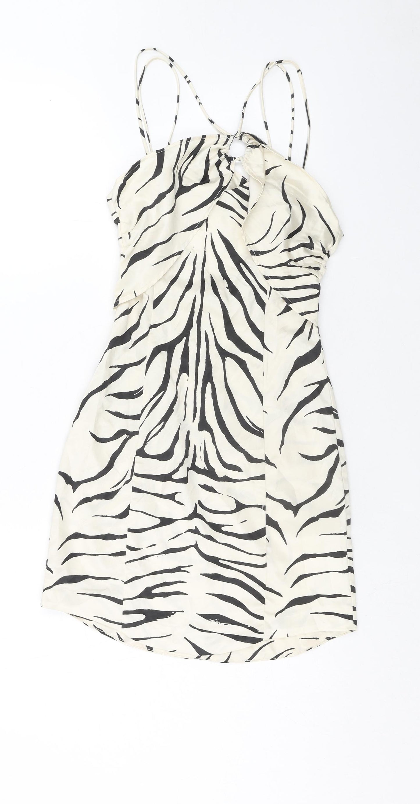 Zara Womens Beige Animal Print Viscose Slip Dress Size XS Halter Zip - Zebra Print