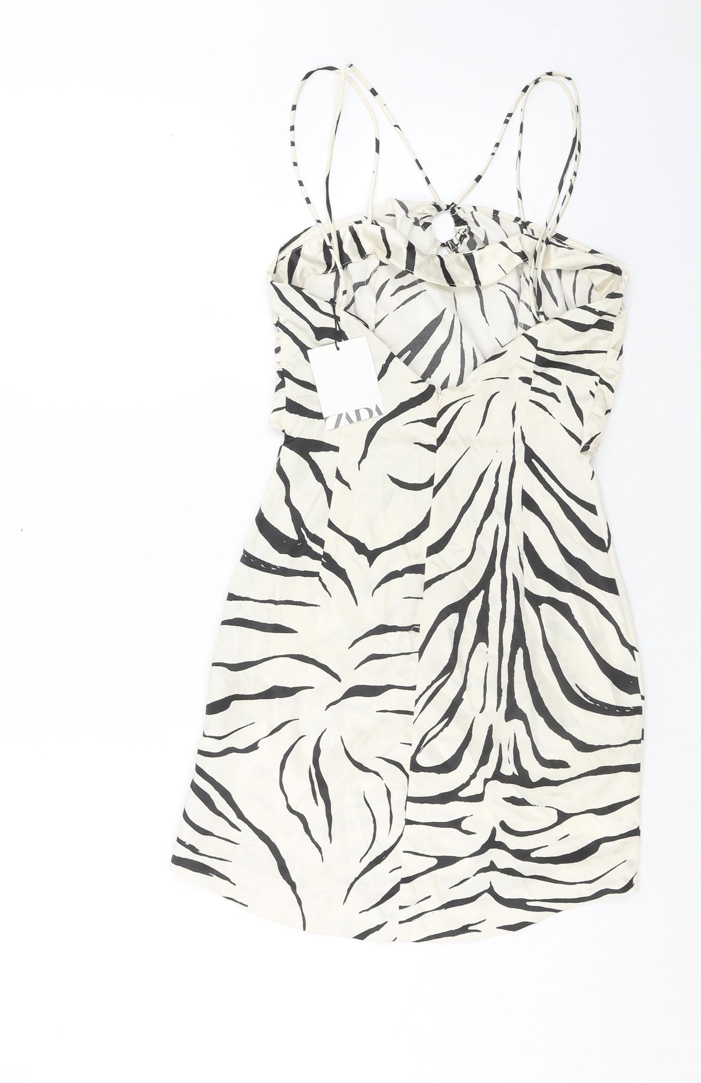Zara Womens Beige Animal Print Viscose Slip Dress Size XS Halter Zip - Zebra Print