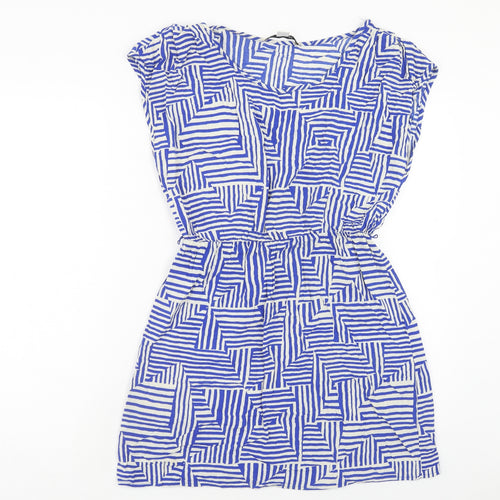 FOREVER 21 Womens Blue Geometric Viscose Mini Size L Boat Neck Pullover