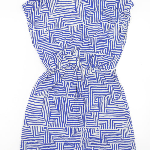 FOREVER 21 Womens Blue Geometric Viscose Mini Size L Boat Neck Pullover