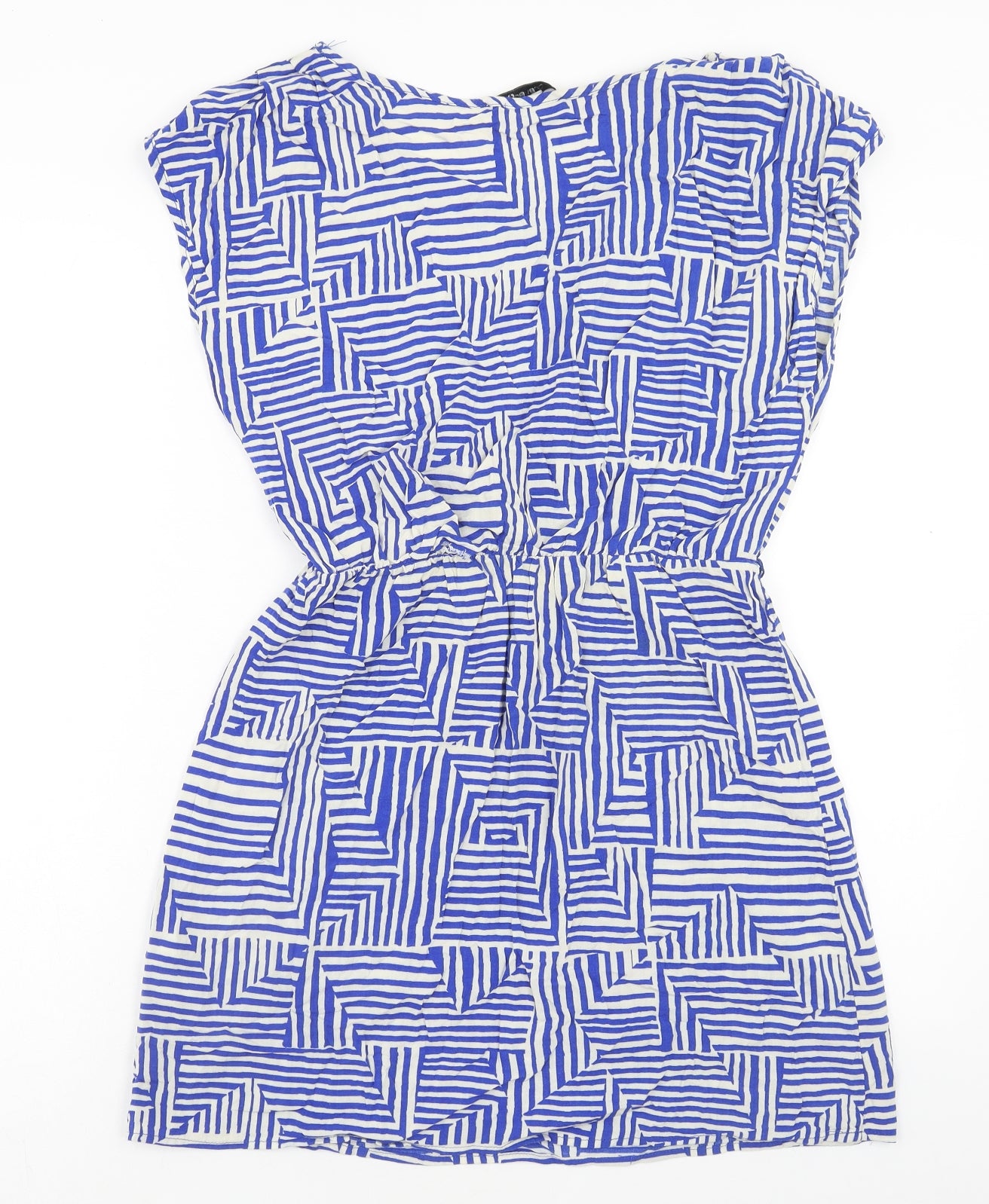 FOREVER 21 Womens Blue Geometric Viscose Mini Size L Boat Neck Pullover