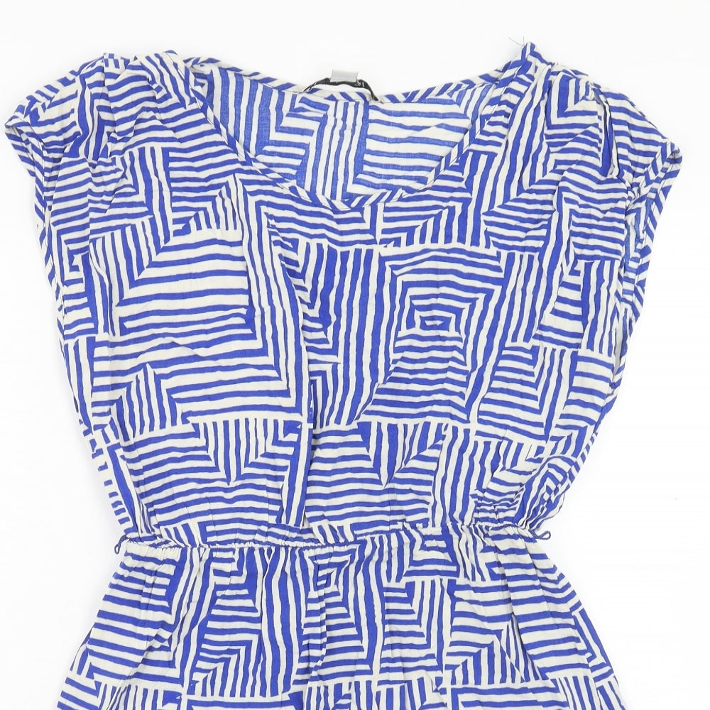 FOREVER 21 Womens Blue Geometric Viscose Mini Size L Boat Neck Pullover
