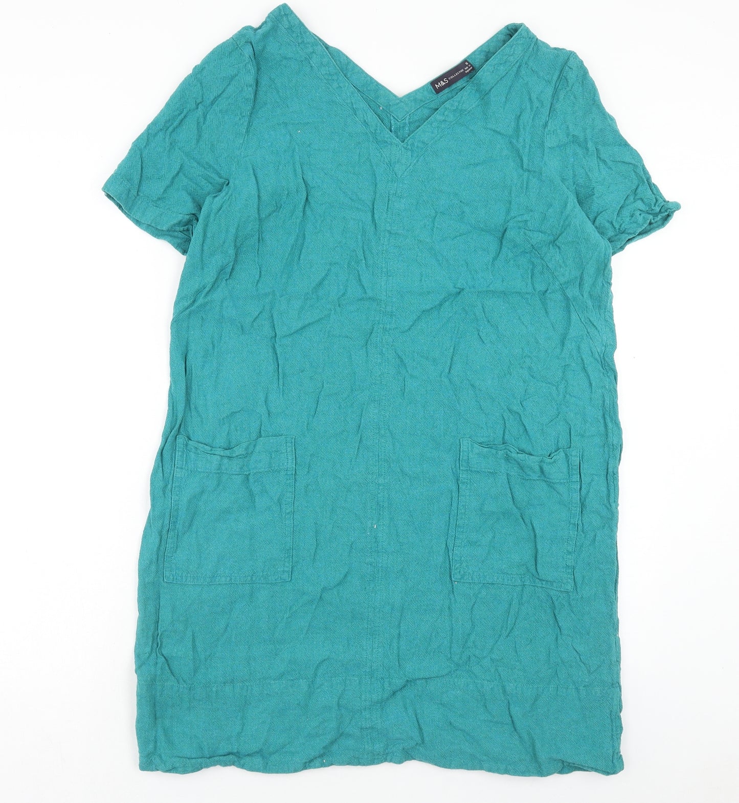 Marks and Spencer Womens Green Linen Shift Size 16 V-Neck Pullover