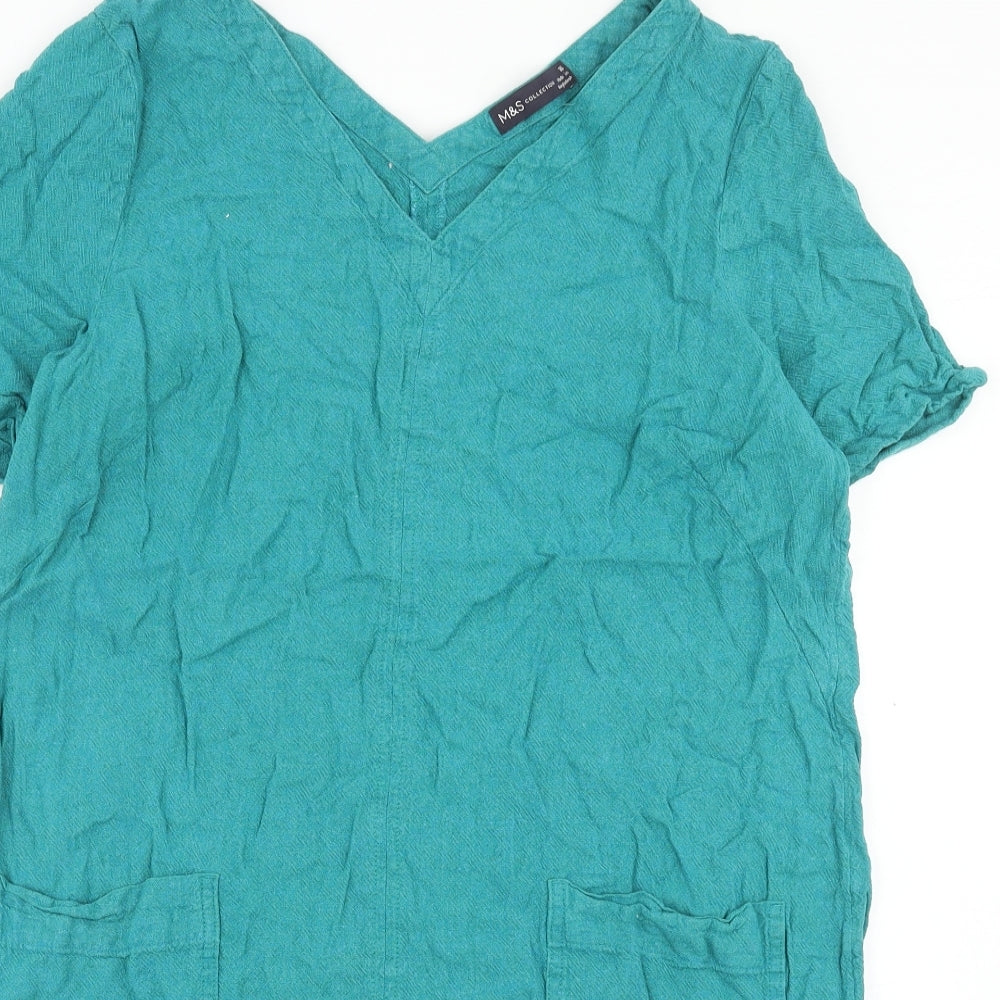 Marks and Spencer Womens Green Linen Shift Size 16 V-Neck Pullover