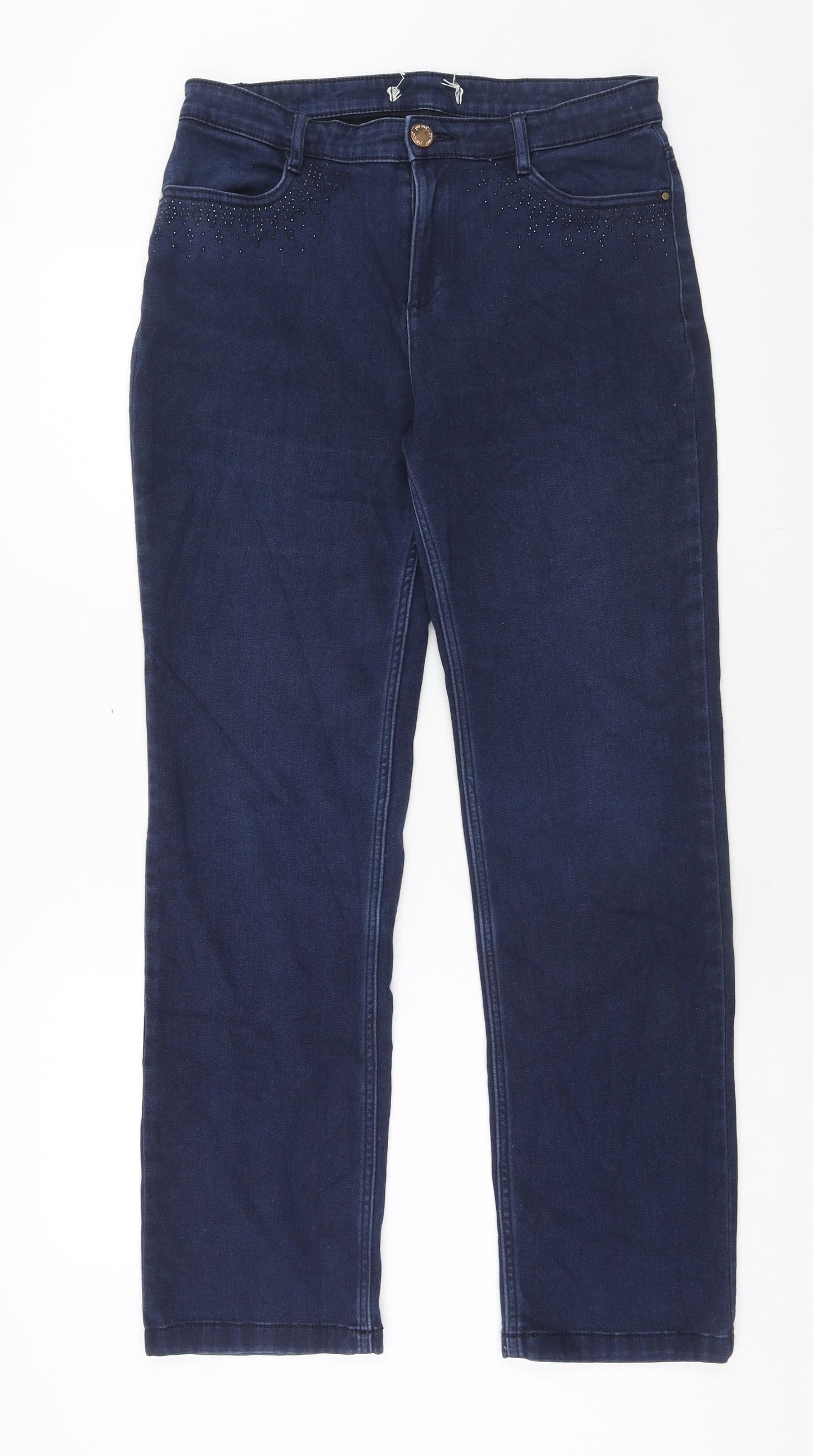 Per Una Womens Blue Cotton Straight Jeans Size 32 in L30 in Regular Button