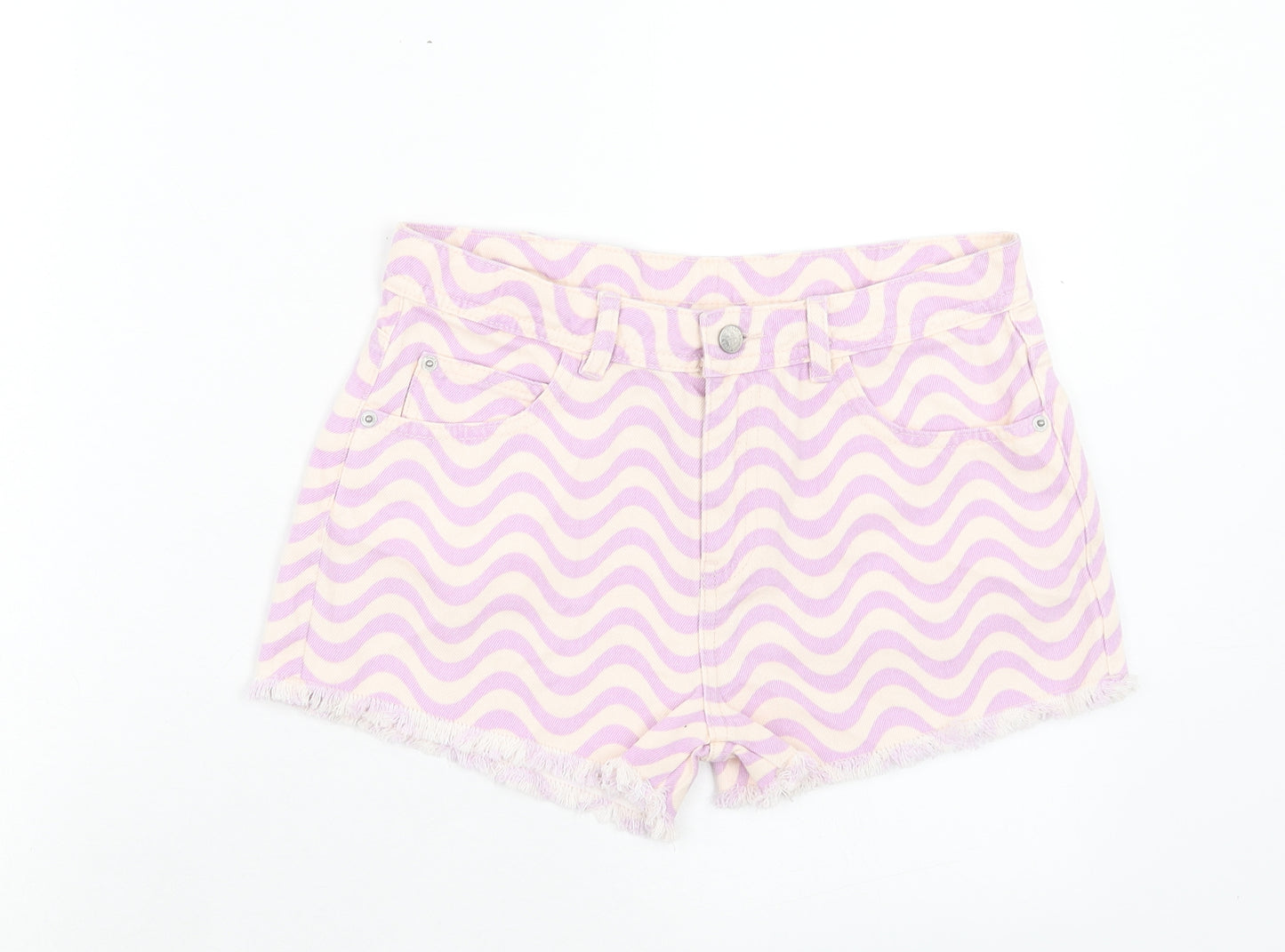 Marks and Spencer Girls Purple Geometric Cotton Cut-Off Shorts Size 12-13 Years Regular Buckle
