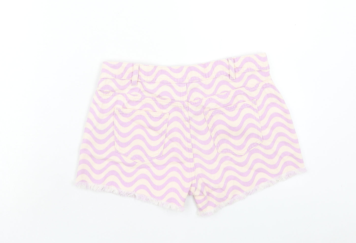 Marks and Spencer Girls Purple Geometric Cotton Cut-Off Shorts Size 12-13 Years Regular Buckle