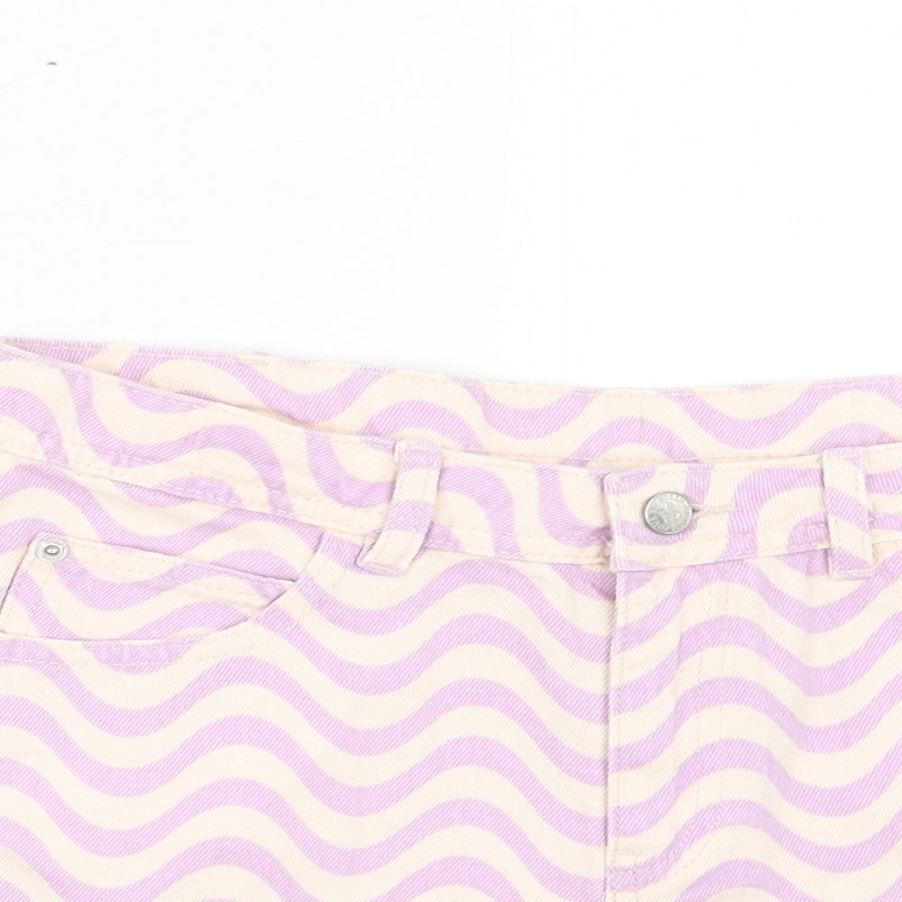 Marks and Spencer Girls Purple Geometric Cotton Cut-Off Shorts Size 12-13 Years Regular Buckle