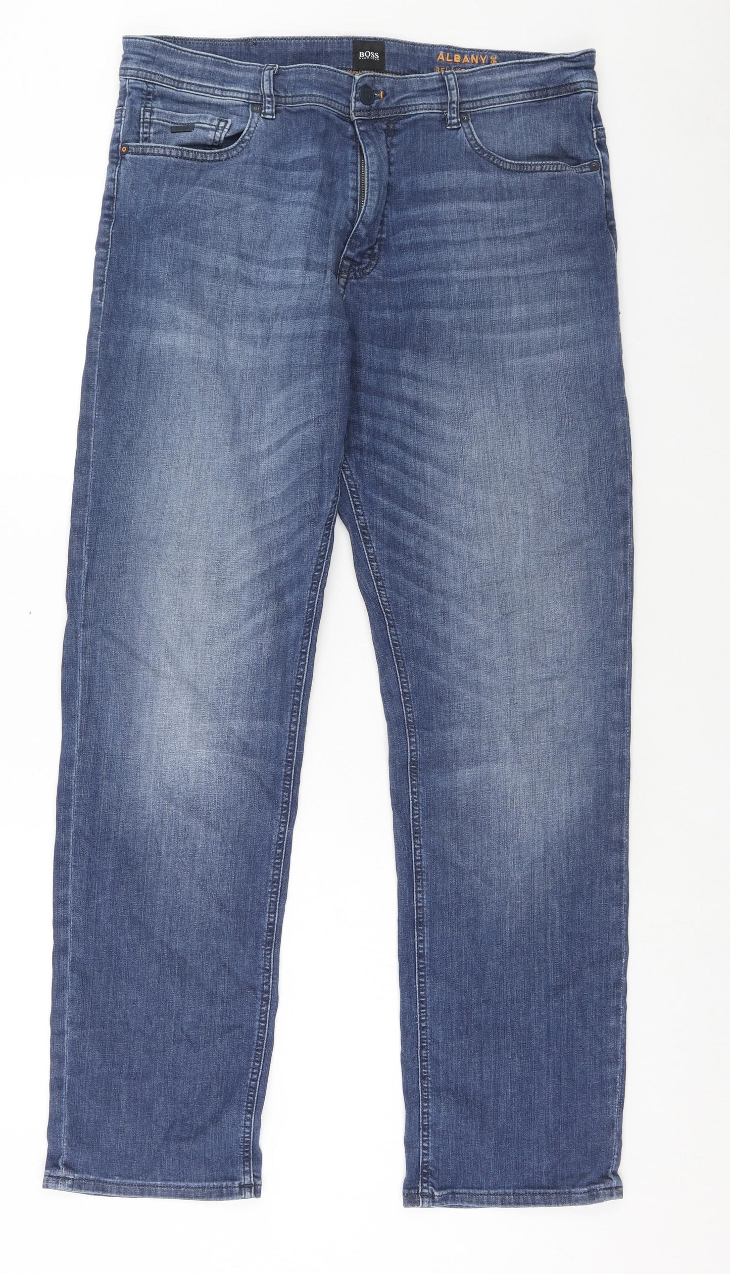 HUGO BOSS Mens Blue Cotton Straight Jeans Size 35 in L32 in Regular Button