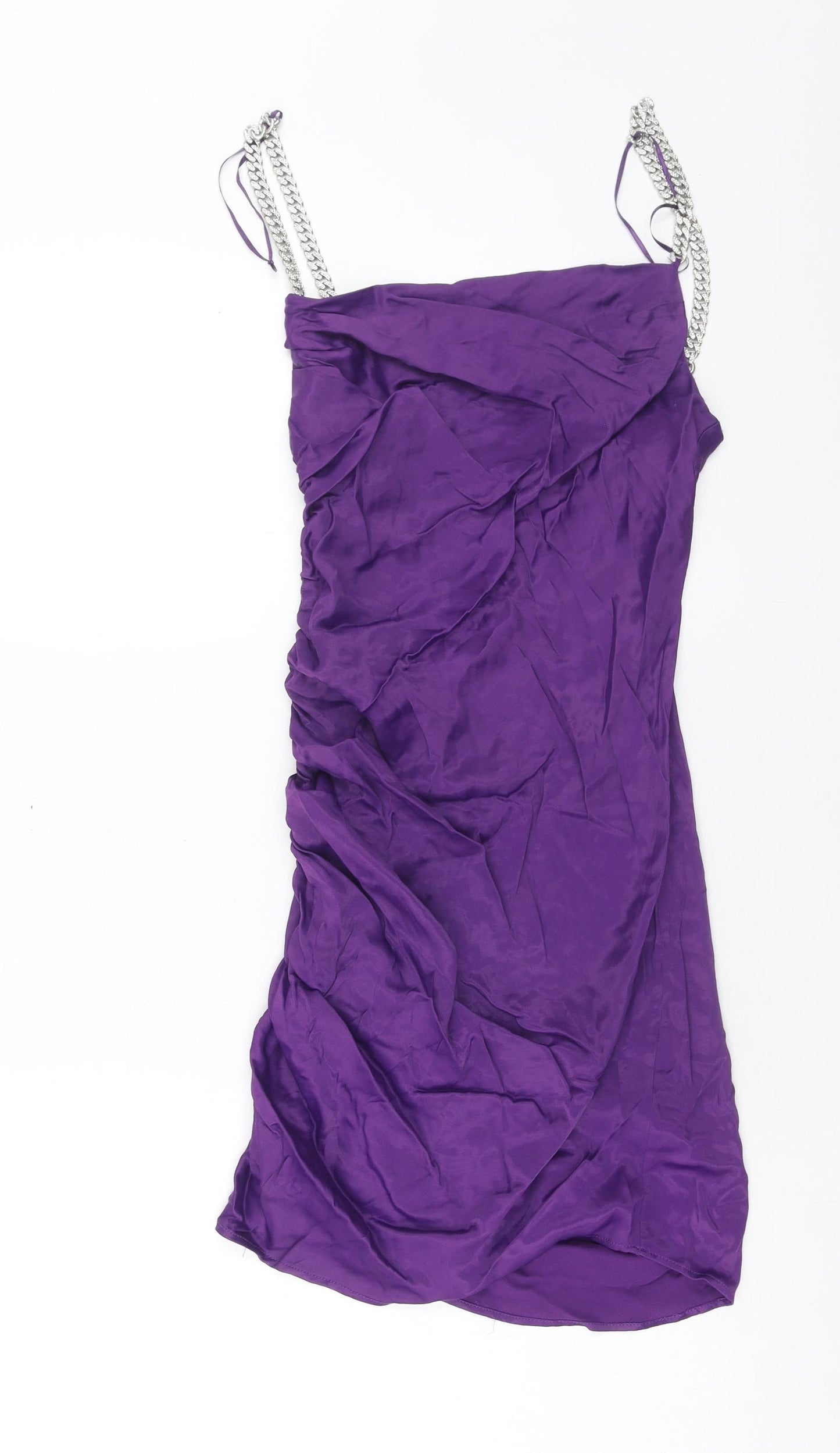 Zara Womens Purple Viscose Slip Dress Size XS Square Neck Zip - Chain Detail Straps