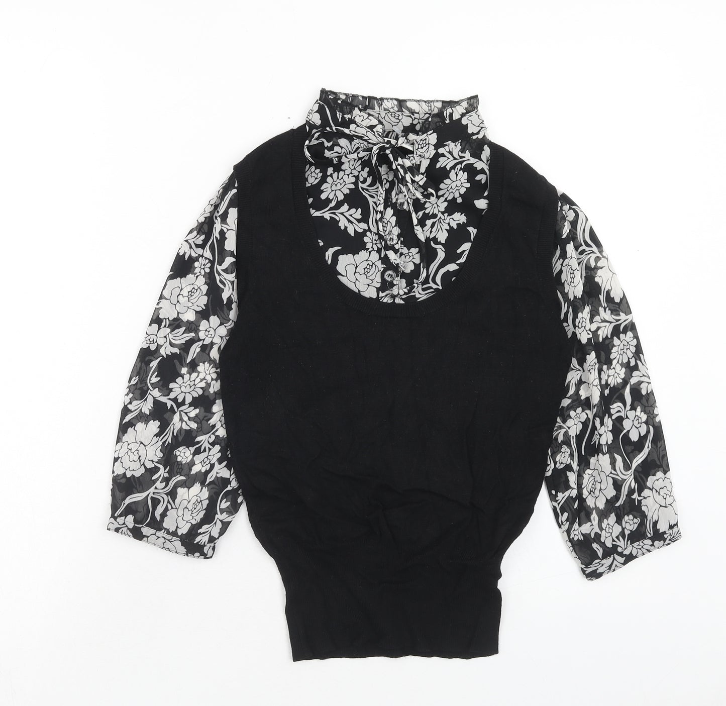 Marks and Spencer Womens Black Floral Viscose Basic Blouse Size 12 Mock Neck