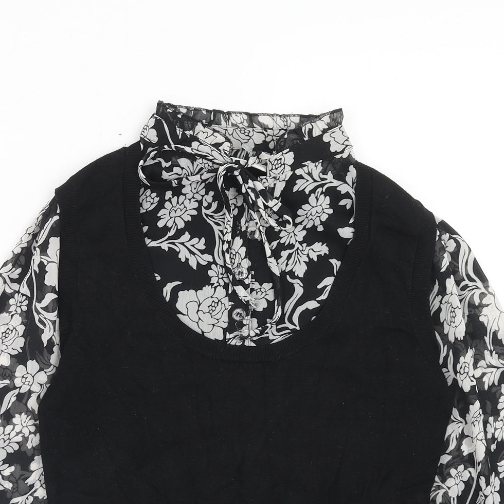 Marks and Spencer Womens Black Floral Viscose Basic Blouse Size 12 Mock Neck