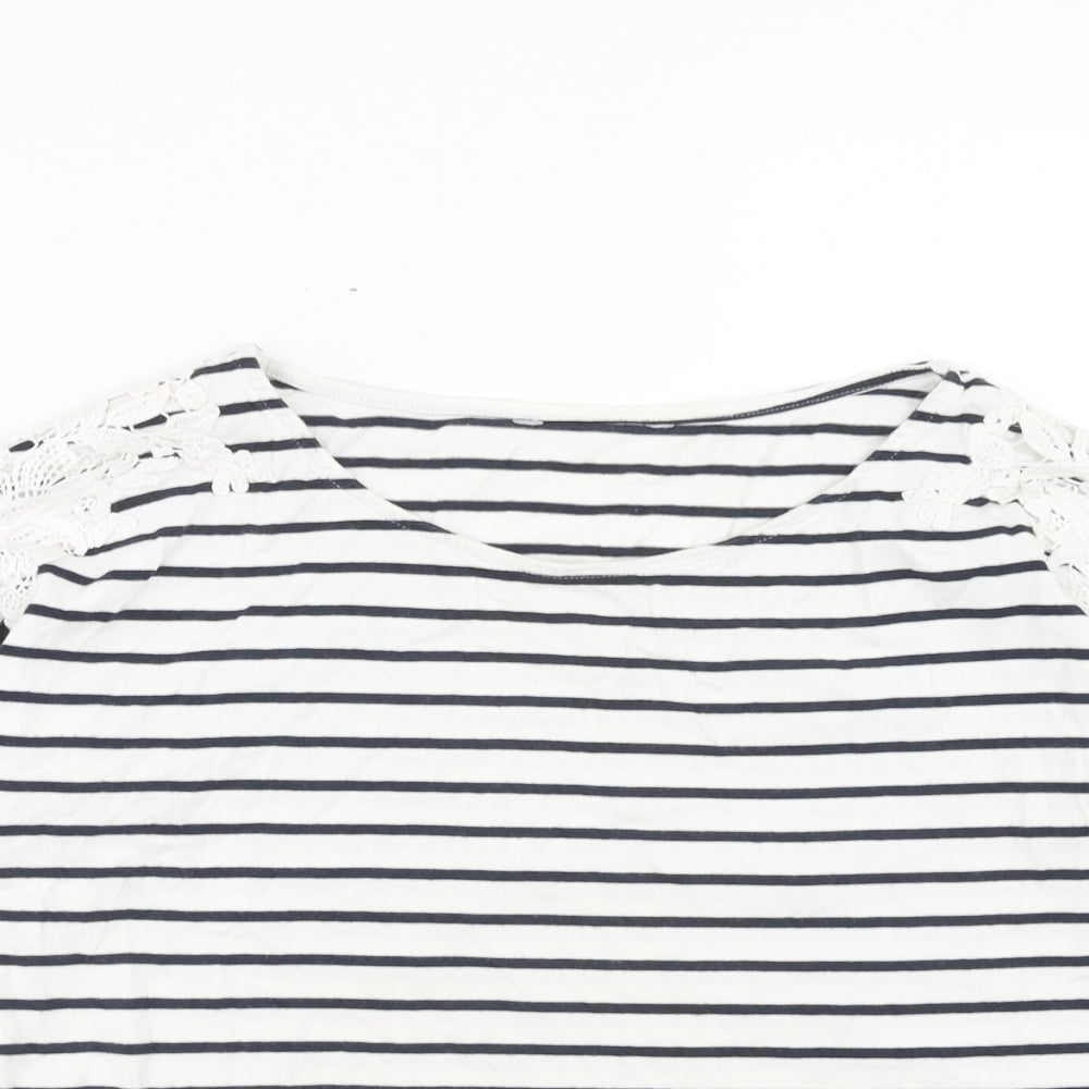 Marks and Spencer Womens White Striped Cotton Basic T-Shirt Size 8 Round Neck