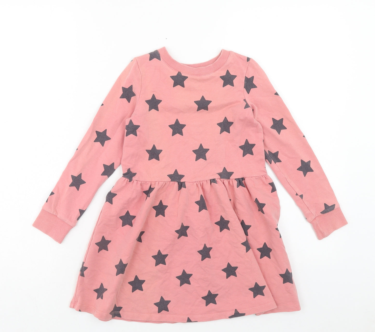 F&F Girls Pink Geometric Cotton Skater Dress Size 7-8 Years Round Neck Pullover - Star