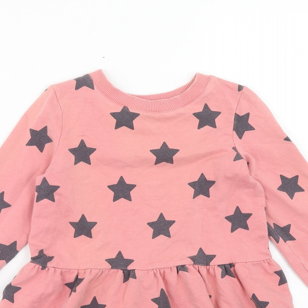 F&F Girls Pink Geometric Cotton Skater Dress Size 7-8 Years Round Neck Pullover - Star