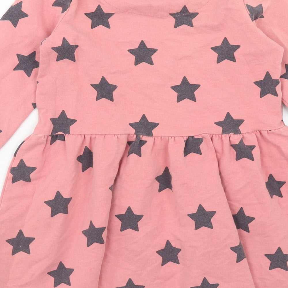F&F Girls Pink Geometric Cotton Skater Dress Size 7-8 Years Round Neck Pullover - Star