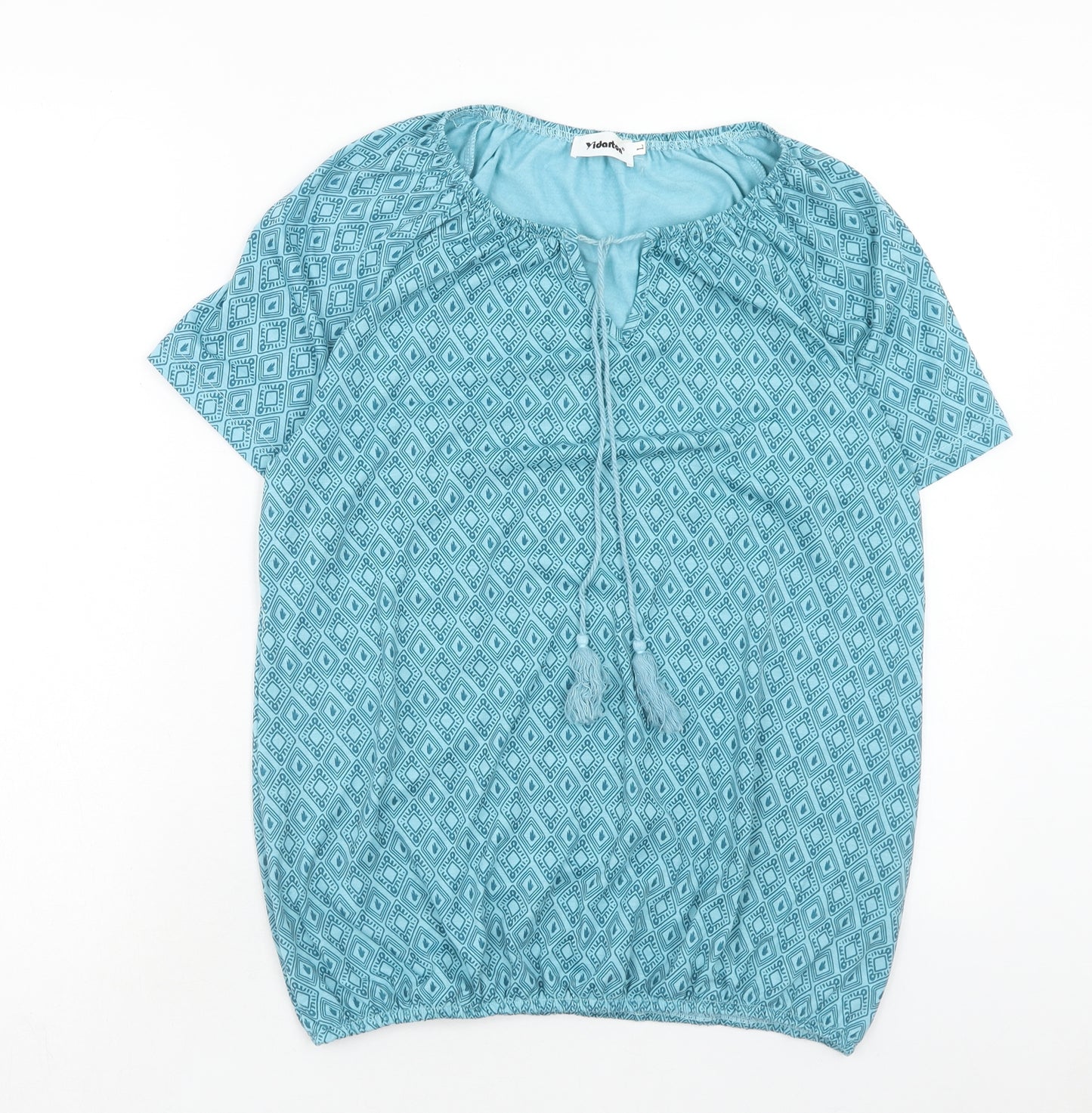 Yidarton Womens Blue Geometric Viscose Basic Blouse Size L V-Neck