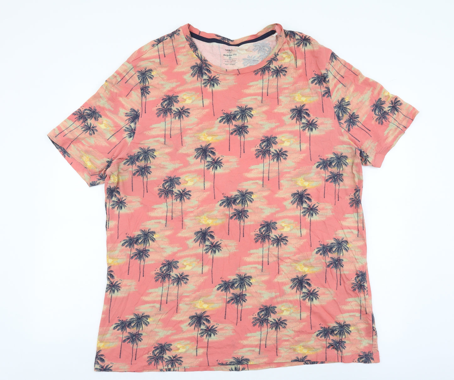 Marks and Spencer Mens Multicoloured Geometric Cotton T-Shirt Size 2XL Round Neck - Palm Tree Pattern
