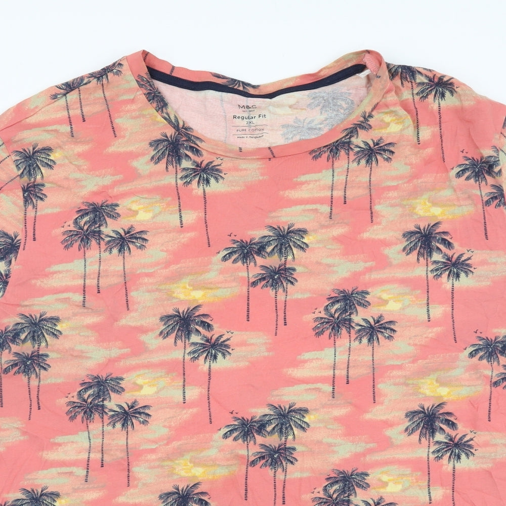 Marks and Spencer Mens Multicoloured Geometric Cotton T-Shirt Size 2XL Round Neck - Palm Tree Pattern