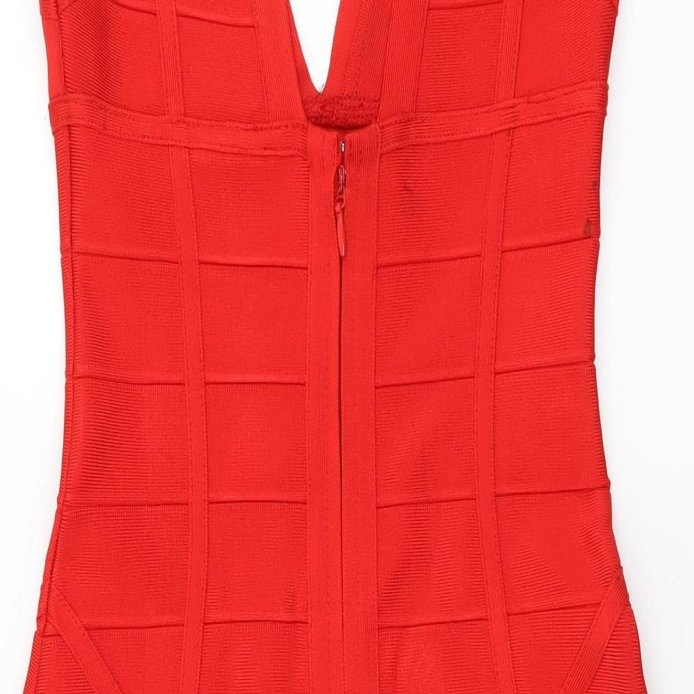 House of London Womens Red Polyester Bodycon Size S V-Neck Zip