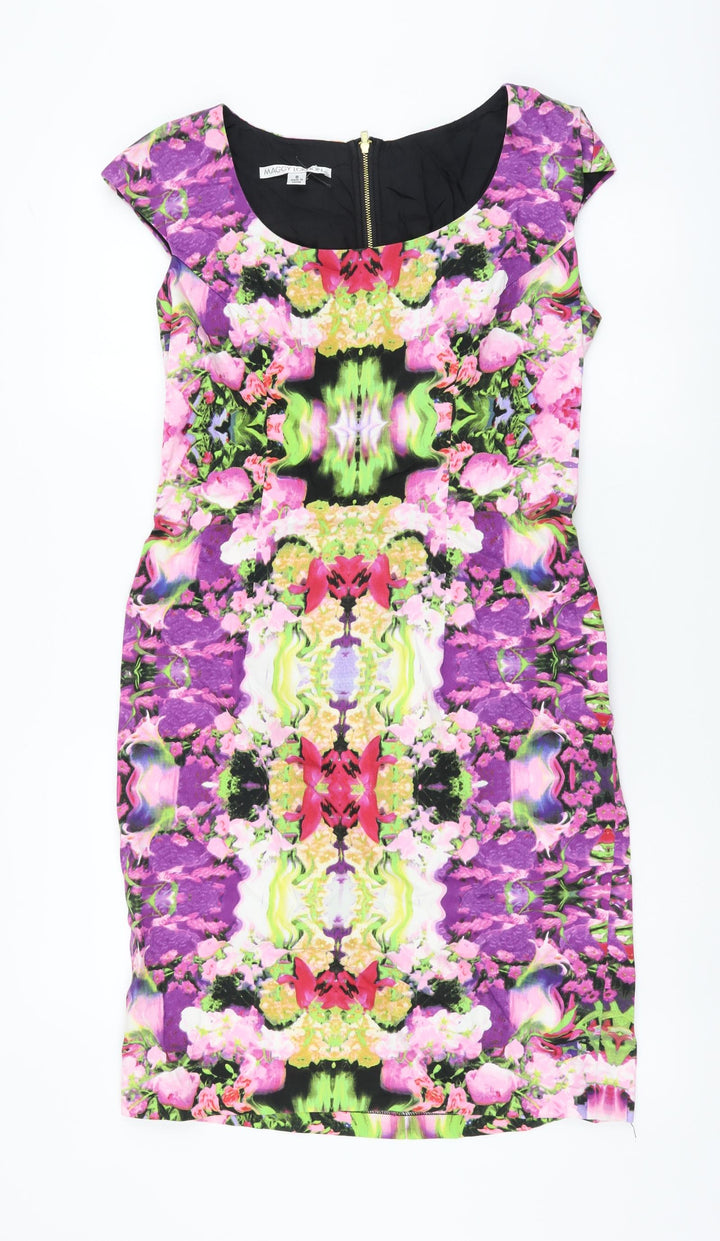 Maggy London Womens Multicoloured Geometric Cotton Pencil Dress Size 8 Boat Neck Zip
