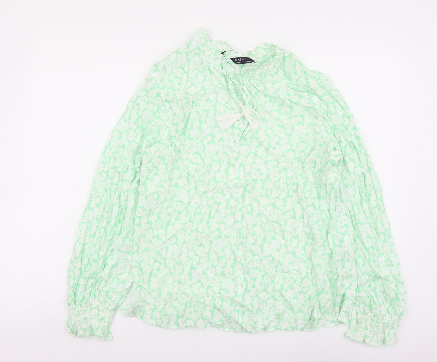 Marks and Spencer Womens Green Floral Viscose Basic Blouse Size 14 Round Neck