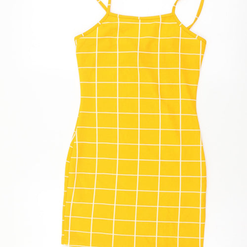 SheIn Womens Yellow Check Polyester Mini Size XS Square Neck Pullover