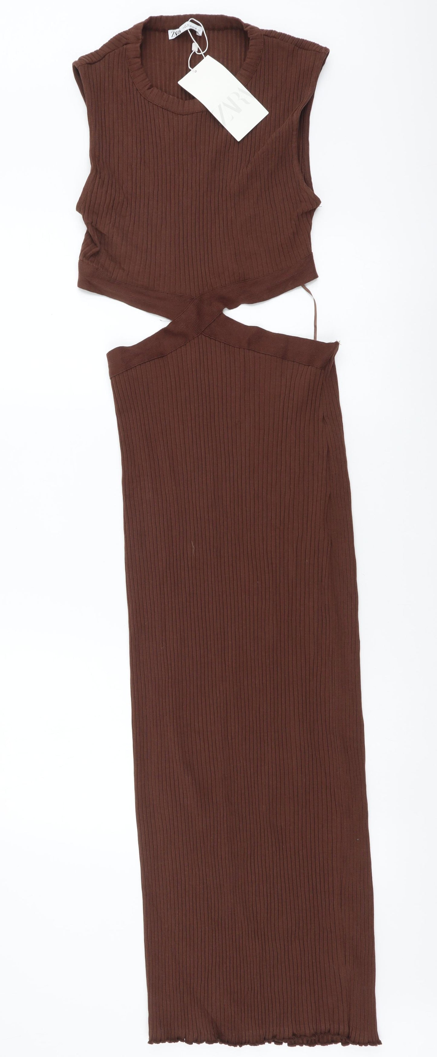 Zara Womens Brown Cotton Pencil Dress Size M Round Neck Pullover