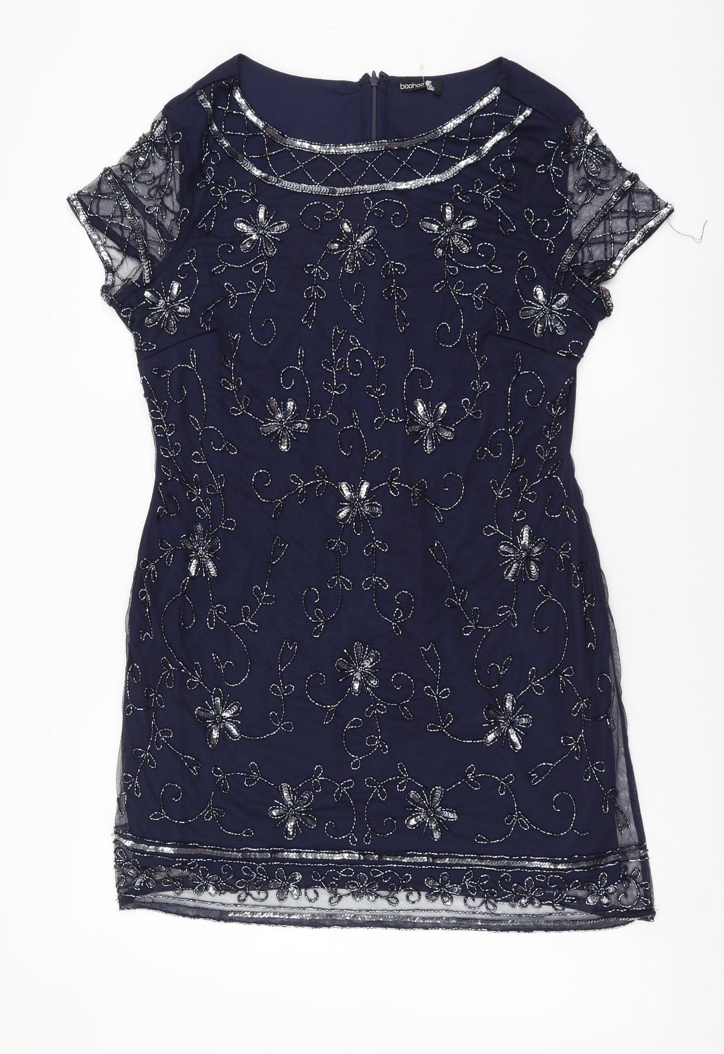 Boohoo Womens Blue Floral Polyester A-Line Size 16 Round Neck Zip