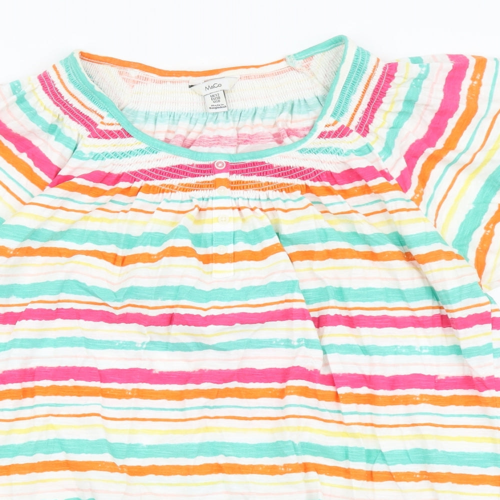 M&Co Womens Multicoloured Striped Cotton Basic T-Shirt Size 12 Round Neck