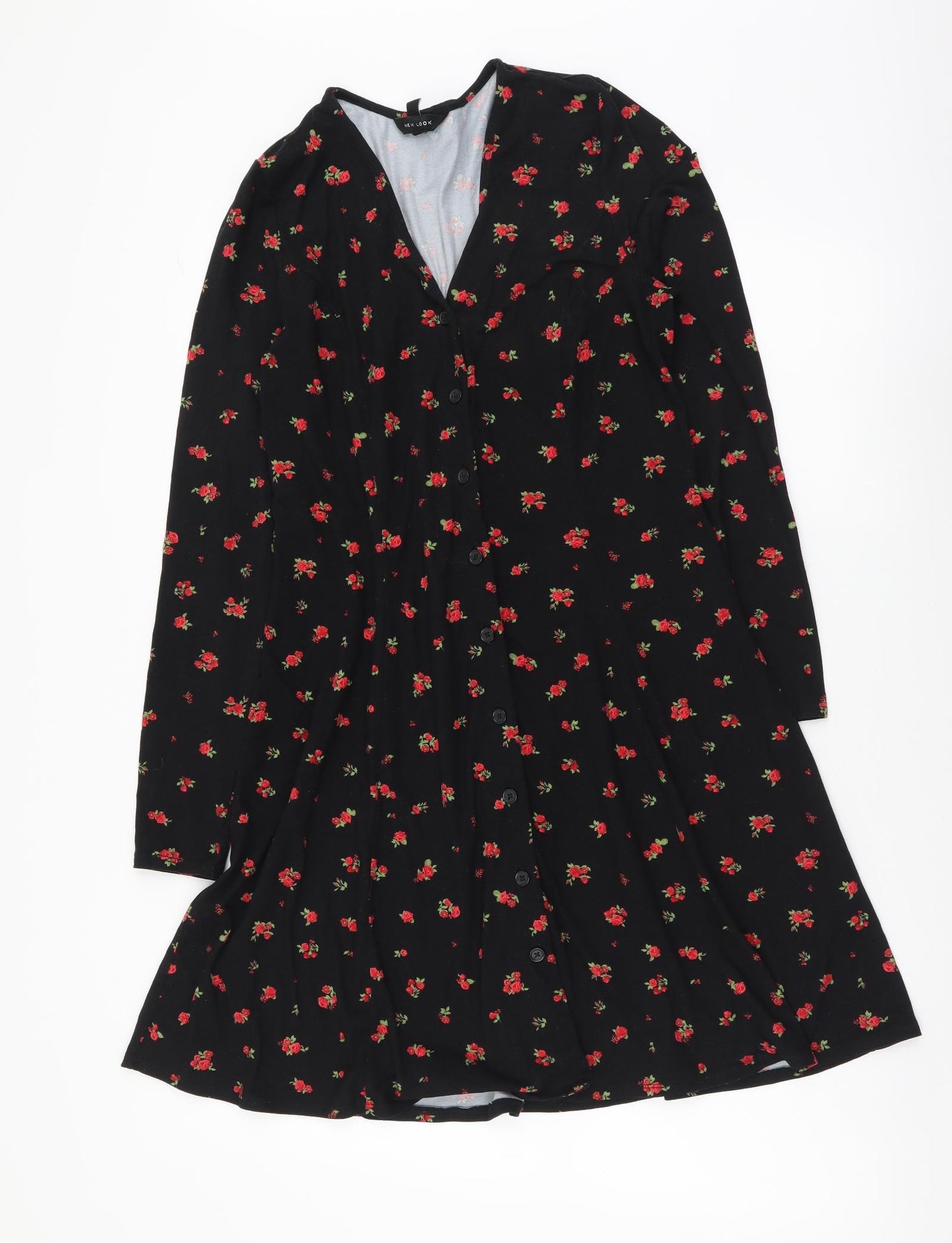 New Look Womens Black Floral Polyester A-Line Size 8 V-Neck Button