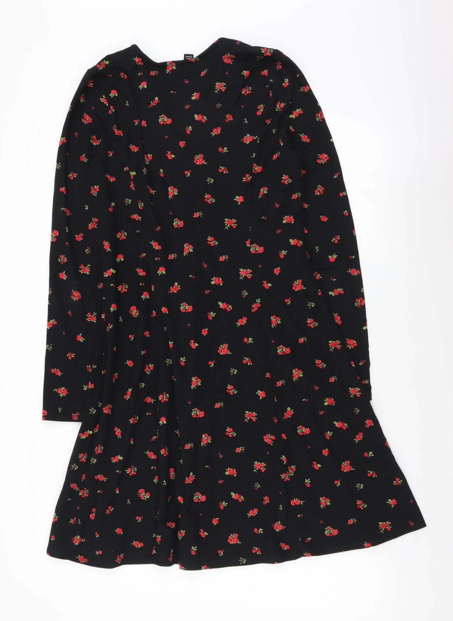 New Look Womens Black Floral Polyester A-Line Size 8 V-Neck Button